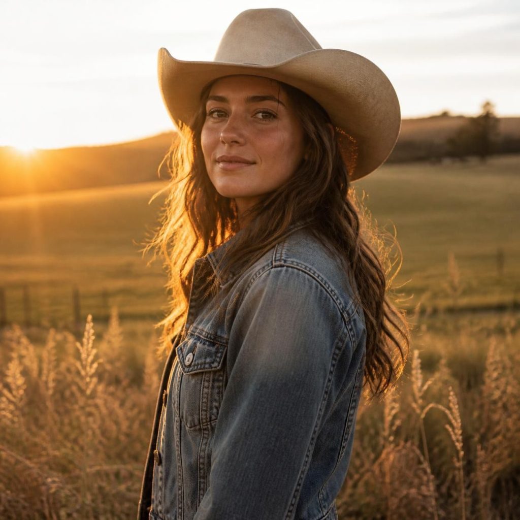 Young woman wearing a cowboy hat and denim jacket in a rural field at golden hour.