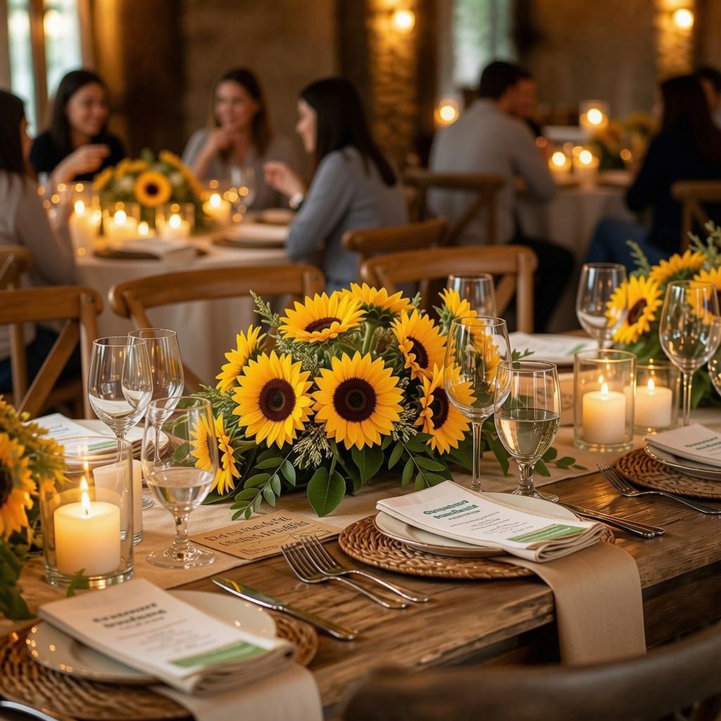 Sunflower centerpiece with greenery and candles decorating a rustic event table.