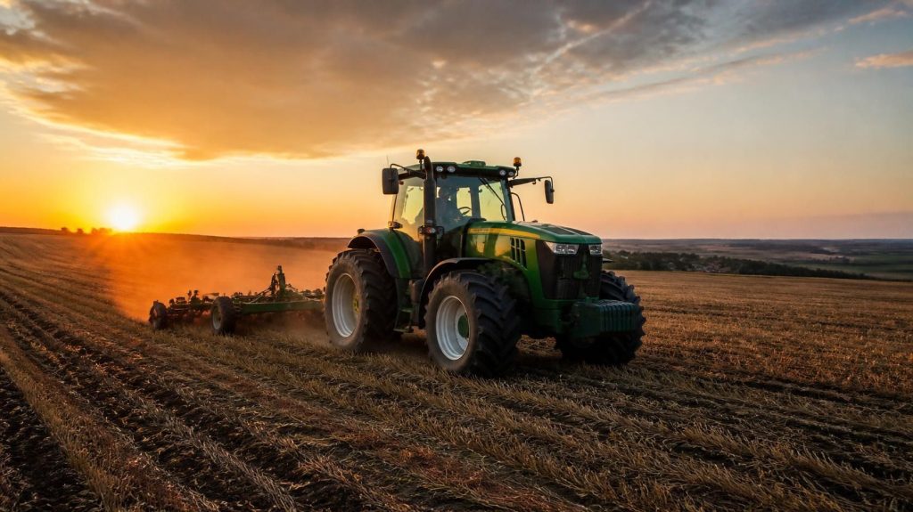Green tractor working in a harvested farm field during a golden sunset.