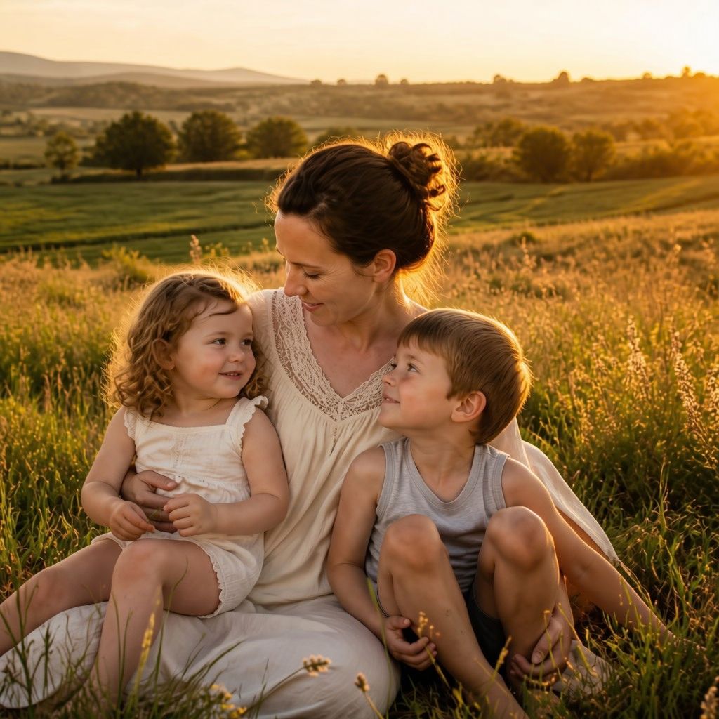 Mother sitting in a country field with two young children during warm evening light.