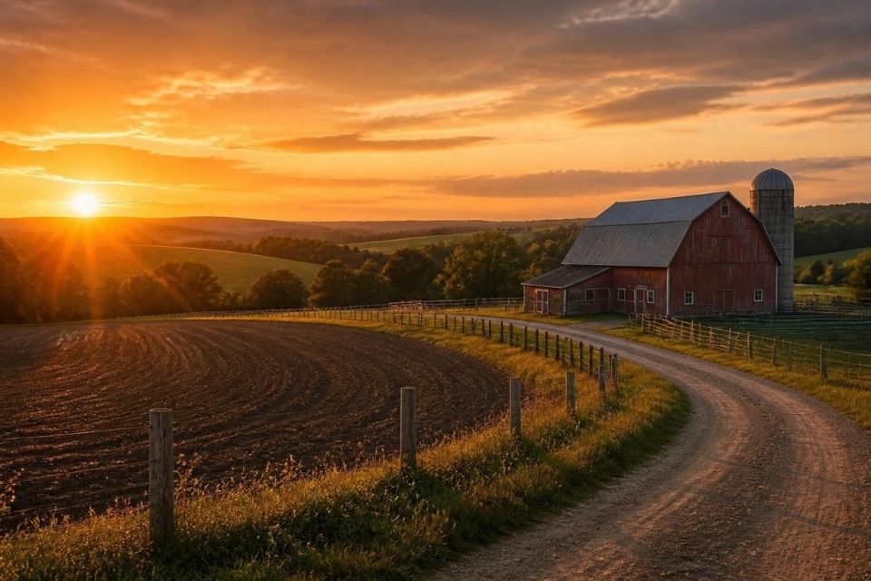 A wide landscape photograph during golden hour shows rolling hills, a weathered red barn, a silo, and tilled fields under a warm, orange sky. Long shadows cross the land.