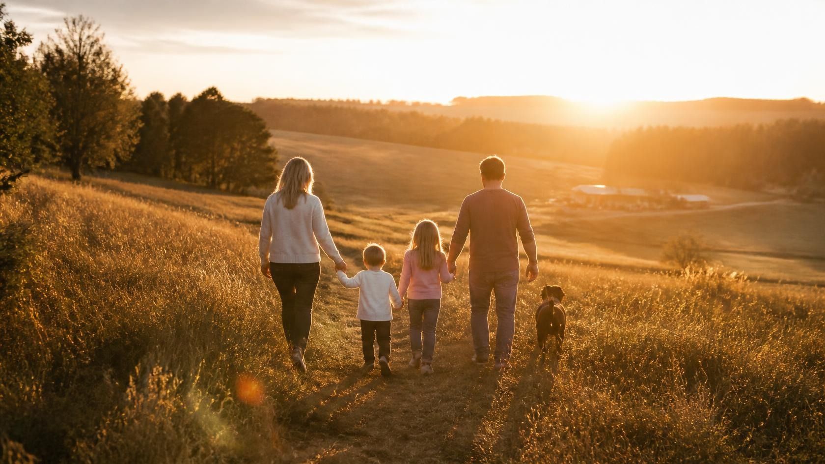 Family walking together through a rural field at golden hour.