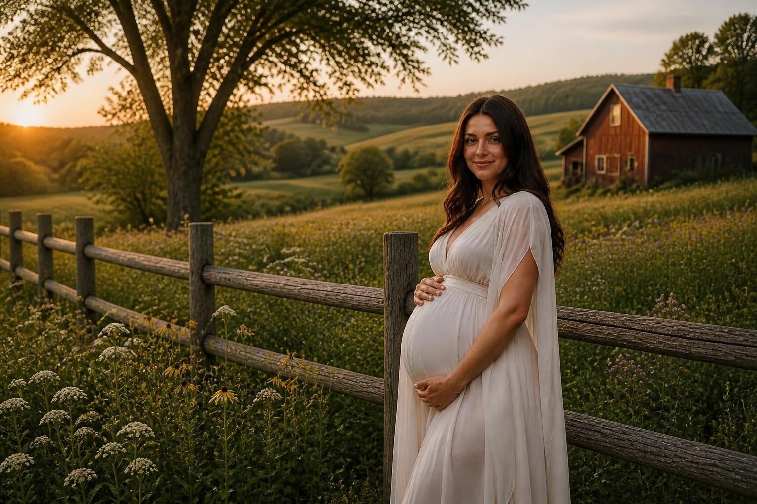 A pregnant woman in a flowing white dress stands beside a wooden fence in a rural meadow at sunset, with wildflowers, rolling farmland, trees, and a rustic red barn in the background.