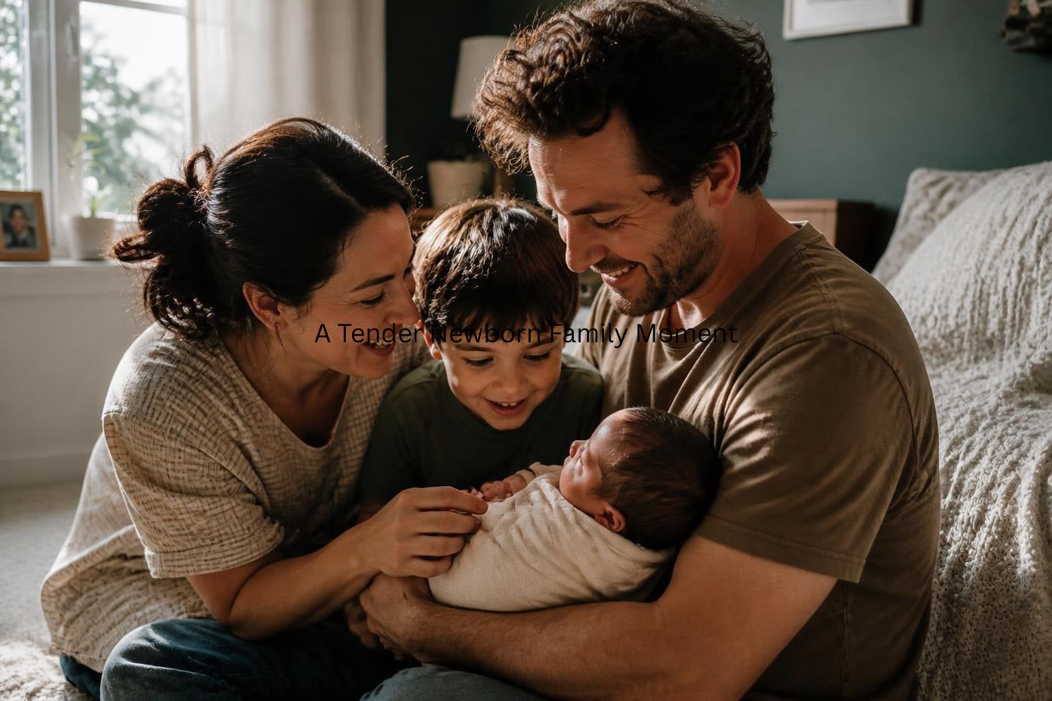 A mother, father, and young child gather around a newborn in a cozy bedroom. The father gently holds the baby while the mother and child lean in lovingly, with soft natural light coming through the window.