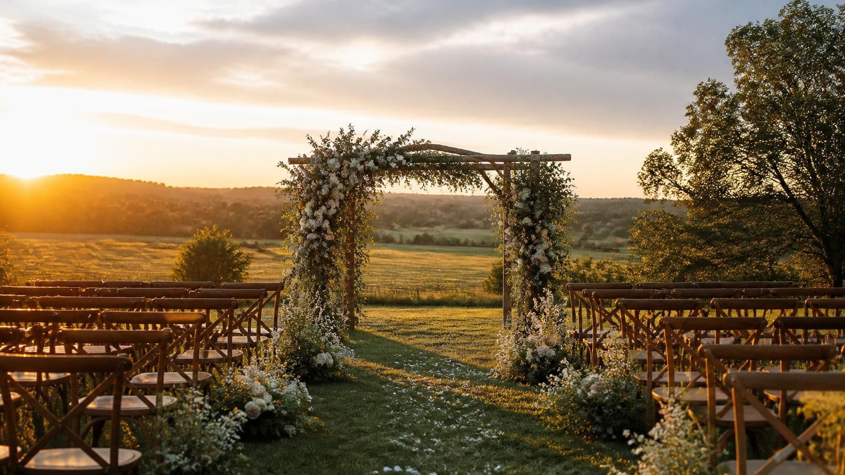 A country beginning Outdoor country wedding ceremony beneath a flower-covered wooden arch at sunset.