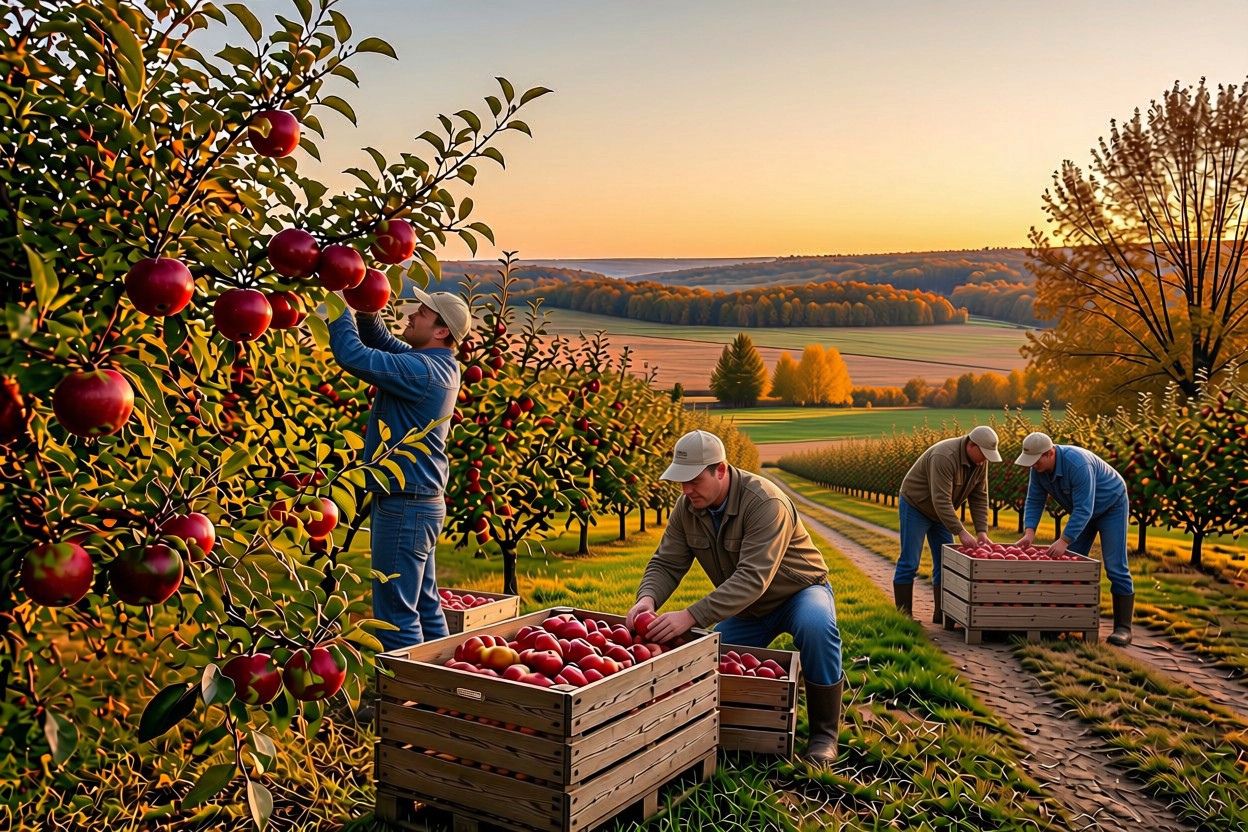 Three orchard workers pick red apples from rows of trees and place them into wooden crates along a dirt lane. The autumn Minnesota landscape stretches into rolling fields and wooded hills beneath warm golden-hour light.