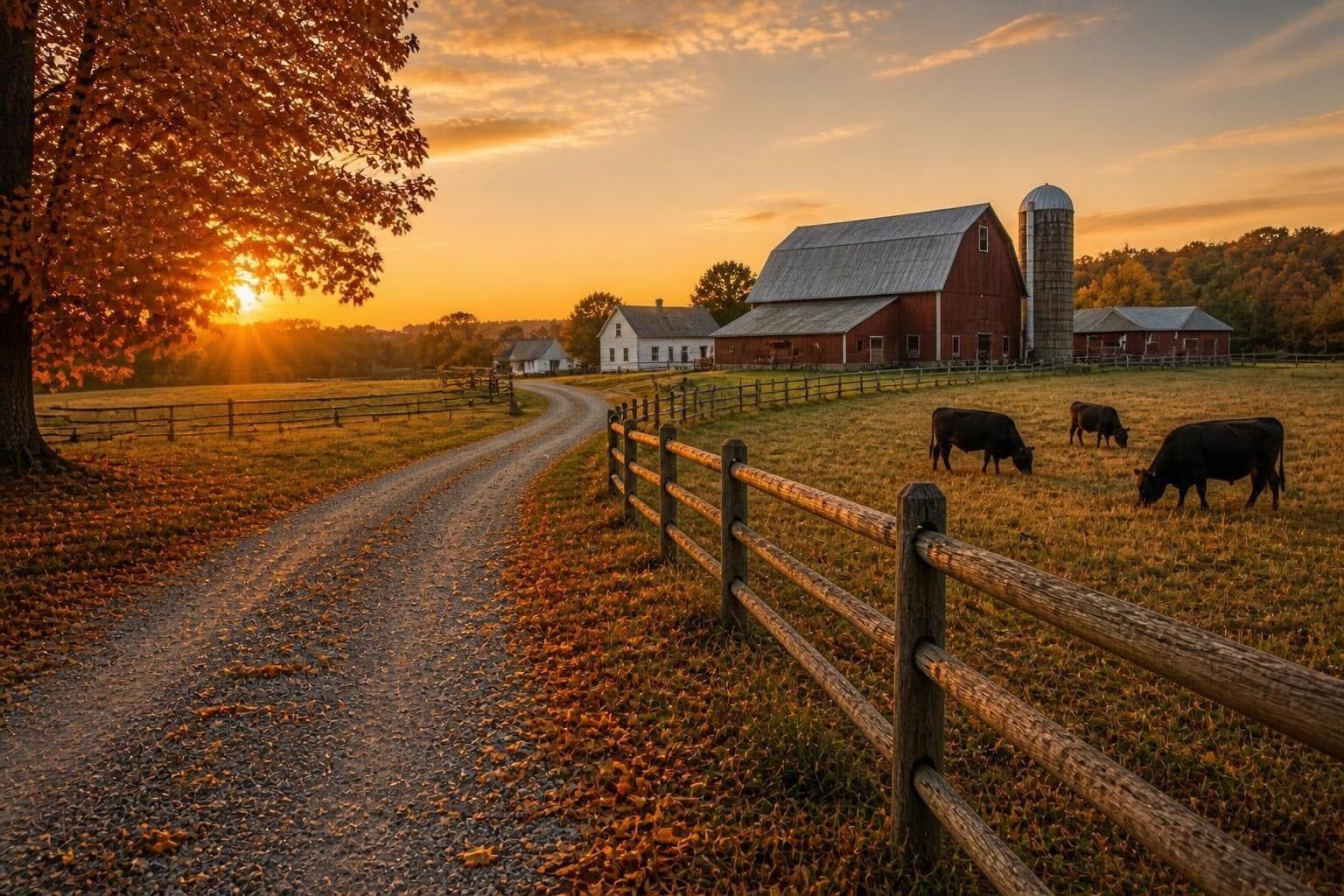 A winding gravel road leads through an autumn farm landscape at sunset. A split-rail fence lines the road, black cattle graze in a pasture, and a red barn sits among golden fields and trees glowing with fall color.