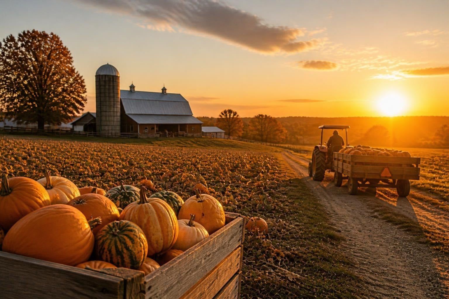 Crates filled with orange pumpkins sit in the foreground of a harvested field while a farm wagon travels along a dirt track toward a farmhouse and silo. A golden sunset illuminates the autumn rural landscape.