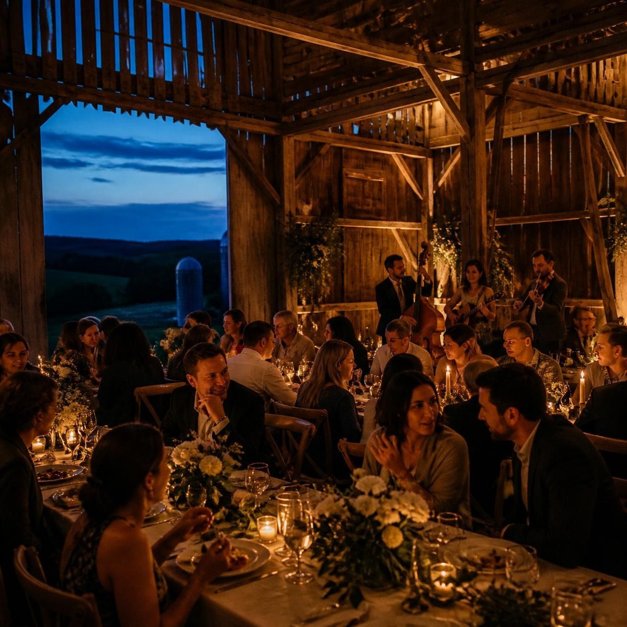 Candlelit Barn Dinner Guests enjoy dinner at long wooden tables inside a rustic barn illuminated by candles and warm hanging lights, with twilight visible through the open doors.