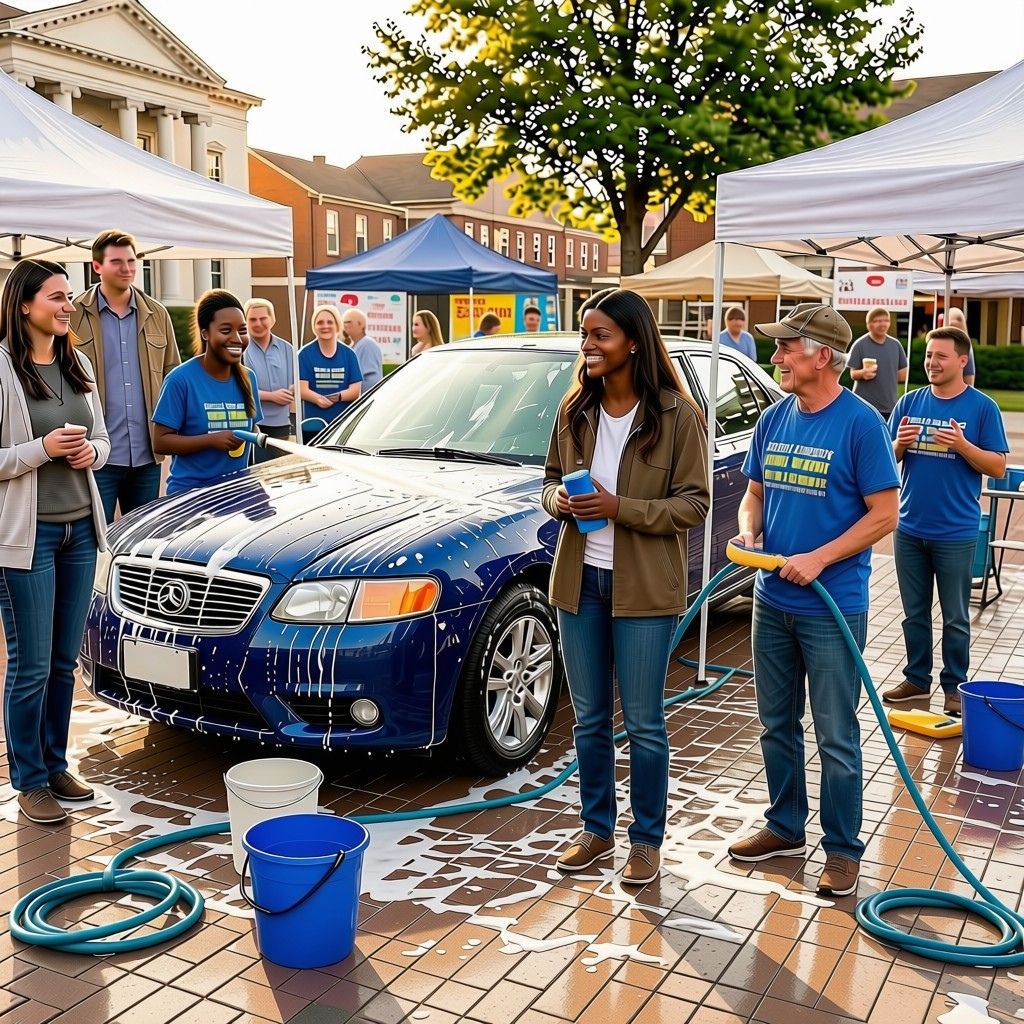 Community Car Wash A diverse group of community volunteers washes a blue car outdoors on a sunny day. Volunteers use hoses, buckets, sponges, and squeegees amid soap suds and water on the pavement, with pop-up canopies and colorful car-wash signs in the background.
