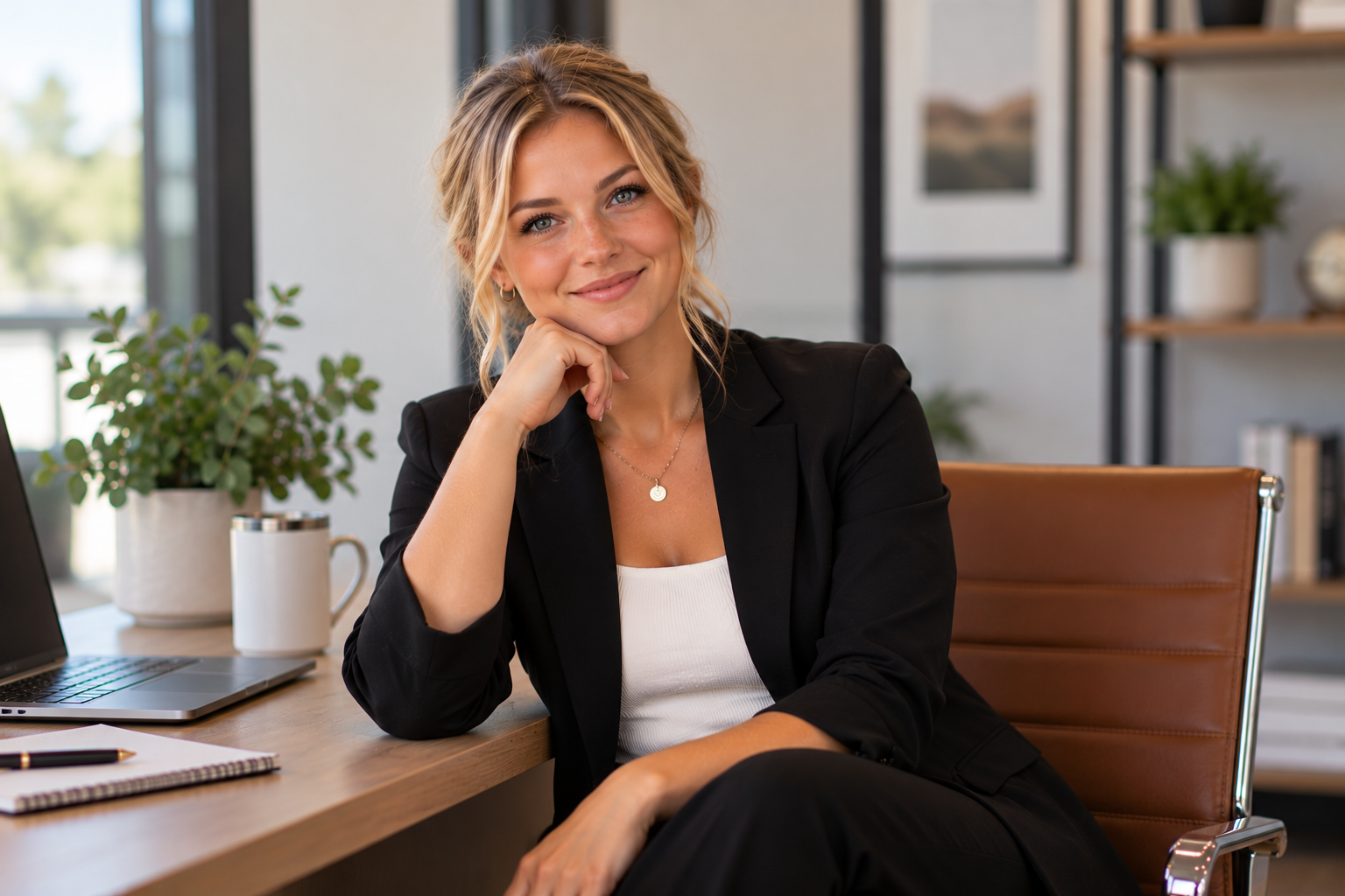 Blonde businesswoman with her hair styled in a loose updo, wearing a black blazer and white top, seated at a wooden desk in a modern office. She smiles at the camera with a laptop, notebook, coffee mug, and plants nearby.