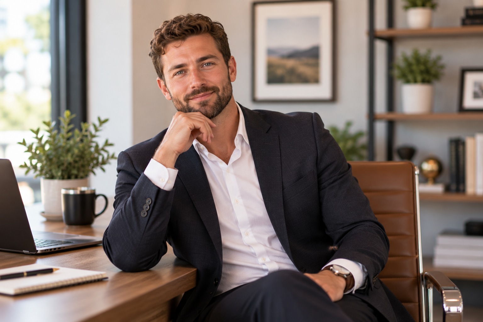 Professional man with short brown hair and a neatly trimmed beard wearing a navy blazer and white button-up shirt, seated in a brown leather chair at a wooden desk. He smiles confidently at the camera in a modern office with a laptop, coffee mug, notebook, and plants in the background.