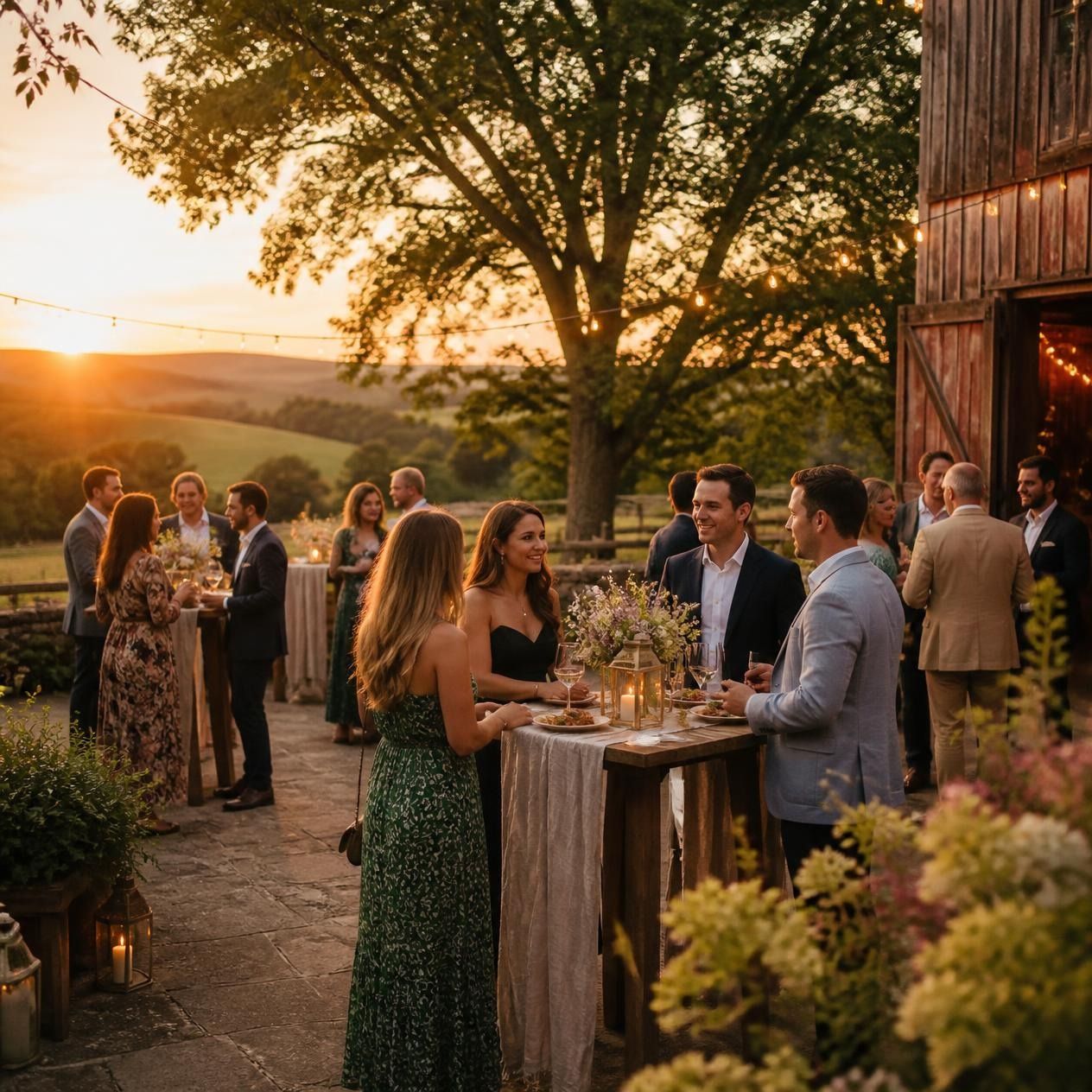 Evening on the Farm Guests gather around a cocktail table outside a rustic barn while string lights glow above them and the sun sets over the countryside.
