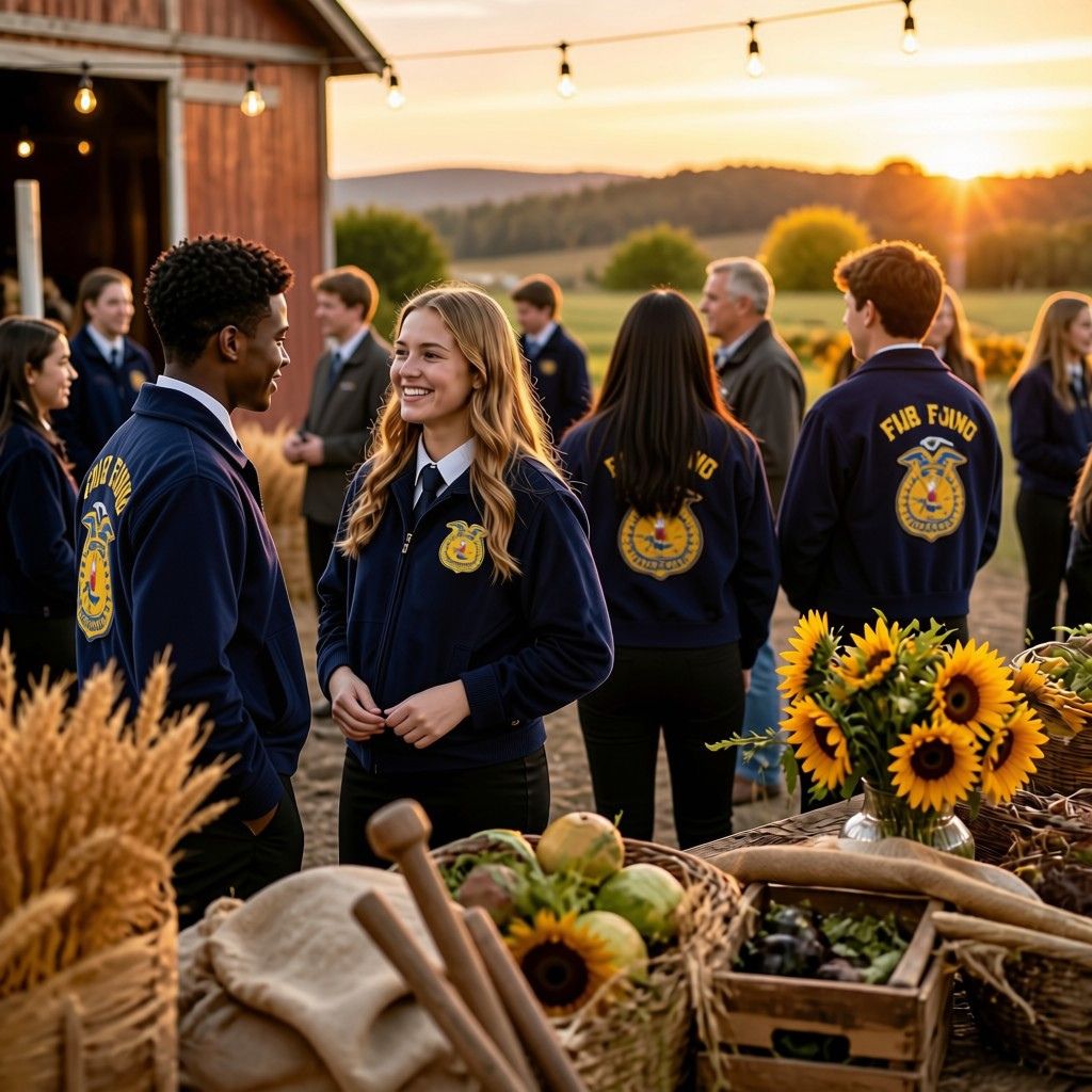 FFA Agricultural Leadership Event A group of FFA students wearing blue jackets with emblems gather at a rural farm event during golden hour. They stand near a barn, string lights, sunflowers, wheat, and crates of fresh produce while talking and participating in an agricultural leadership gathering.