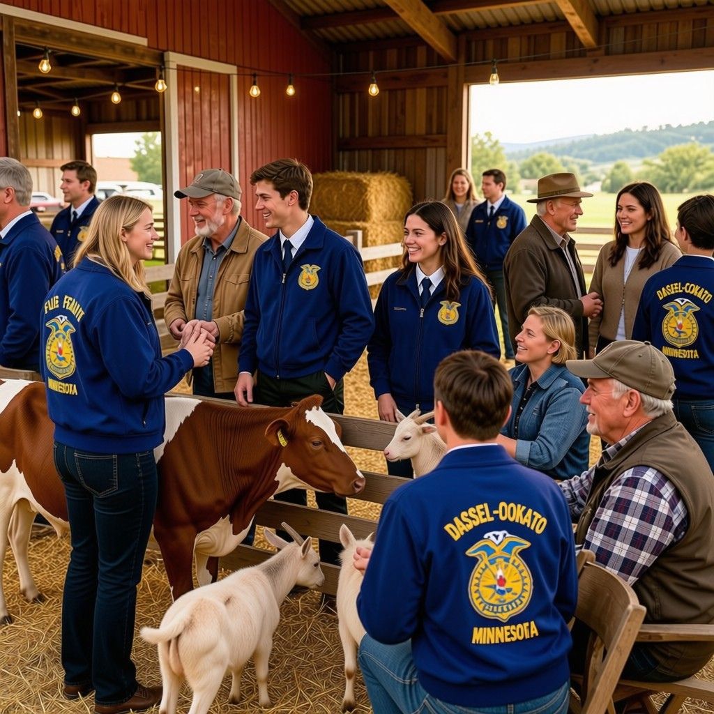 FFA Alumni and Supporters Livestock Show FFA members, alumni, mentors, families, and community supporters gather inside a livestock-show barn while presenting and observing farm animals. Students wear blue jackets with agricultural emblems, including a back jacket labeled “DASSEL-COKATO” above the emblem and “MINNESOTA” below it. Hay bales, pens, barn beams, and a show-ring area fill the scene.