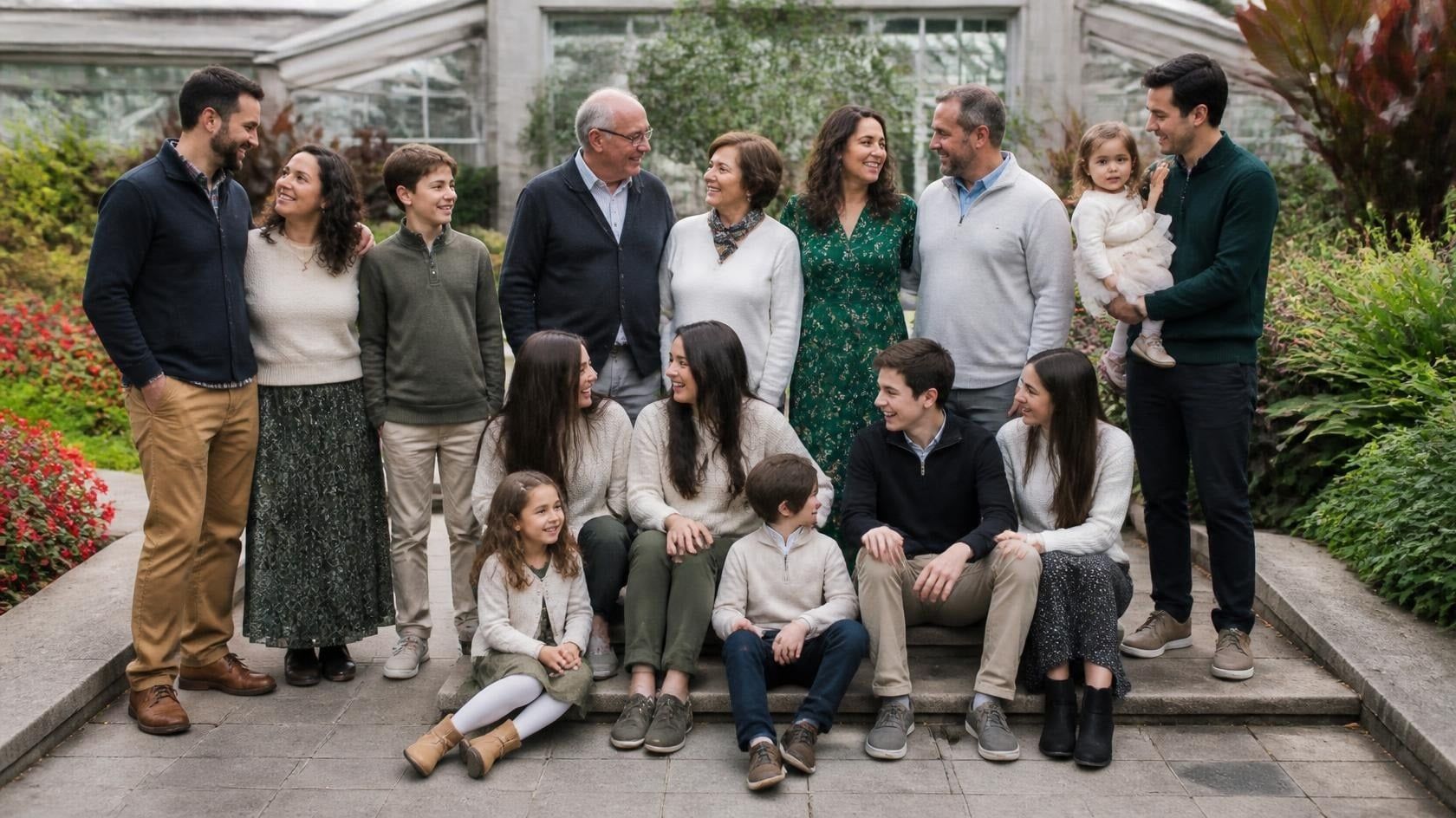 A large multigenerational family gathers on steps inside a bright botanical garden, with adults standing behind children and relatives seated in front.