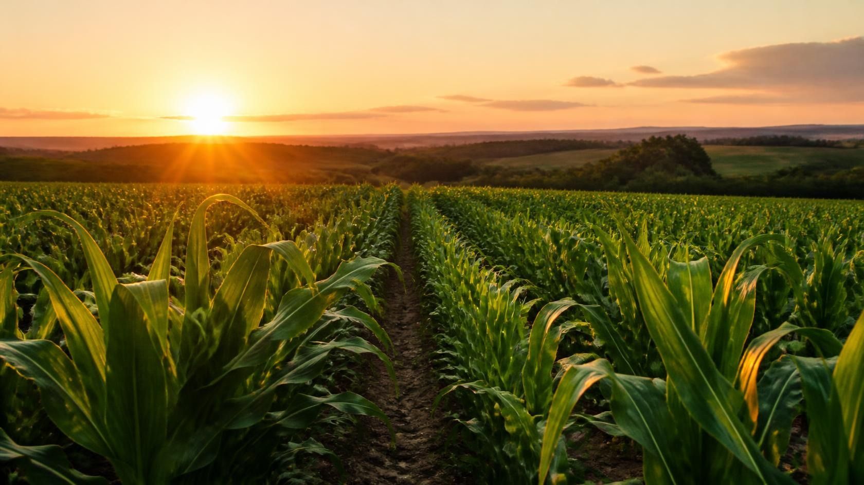 Rows of green corn illuminated by the setting sun in a rural field.