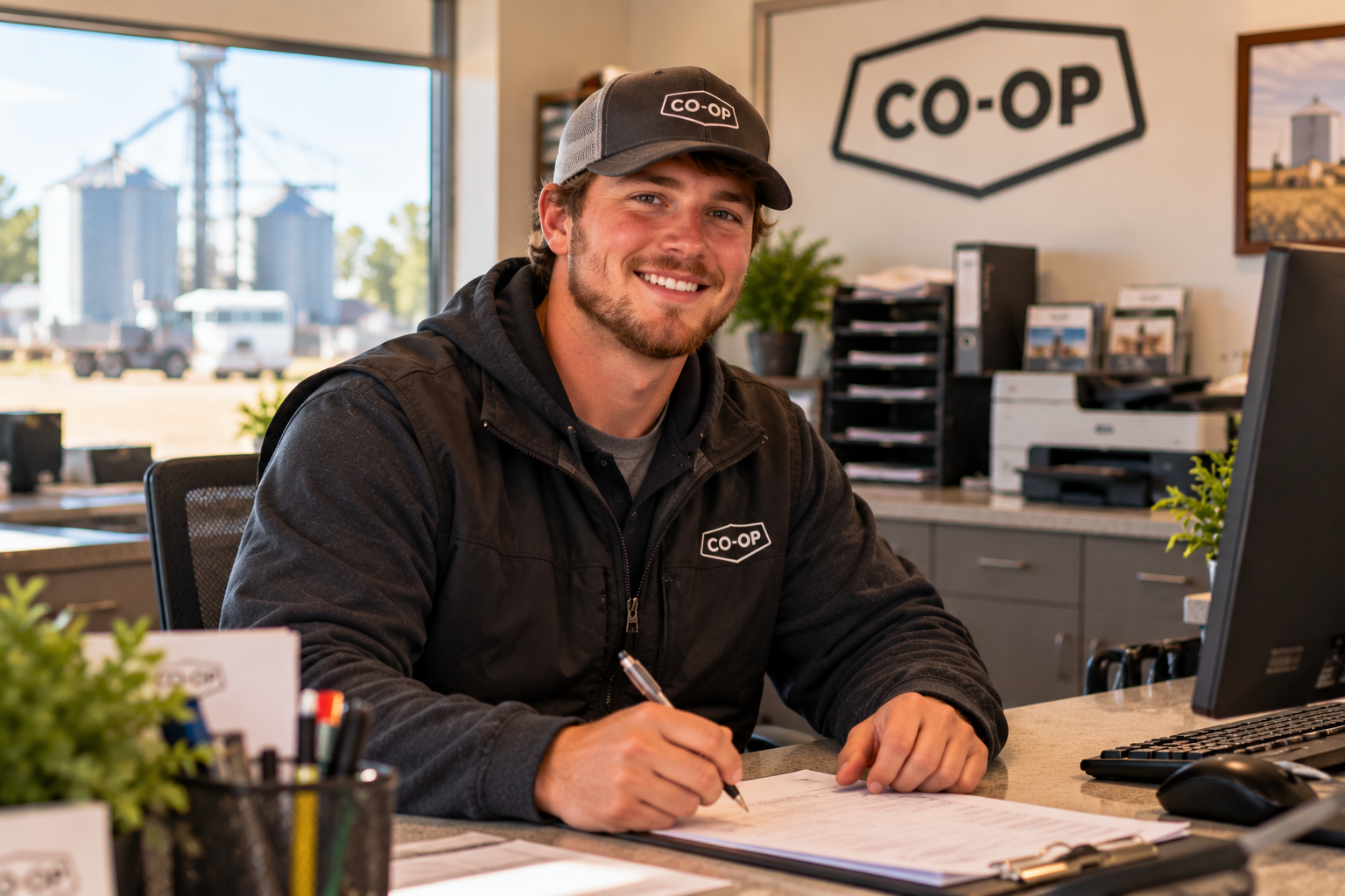 Smiling male agricultural co-op employee with short brown hair and a trimmed beard, wearing a black CO-OP baseball cap and matching jacket. He sits at an office desk completing paperwork, with a computer, office supplies, and grain silos visible through the window behind him.