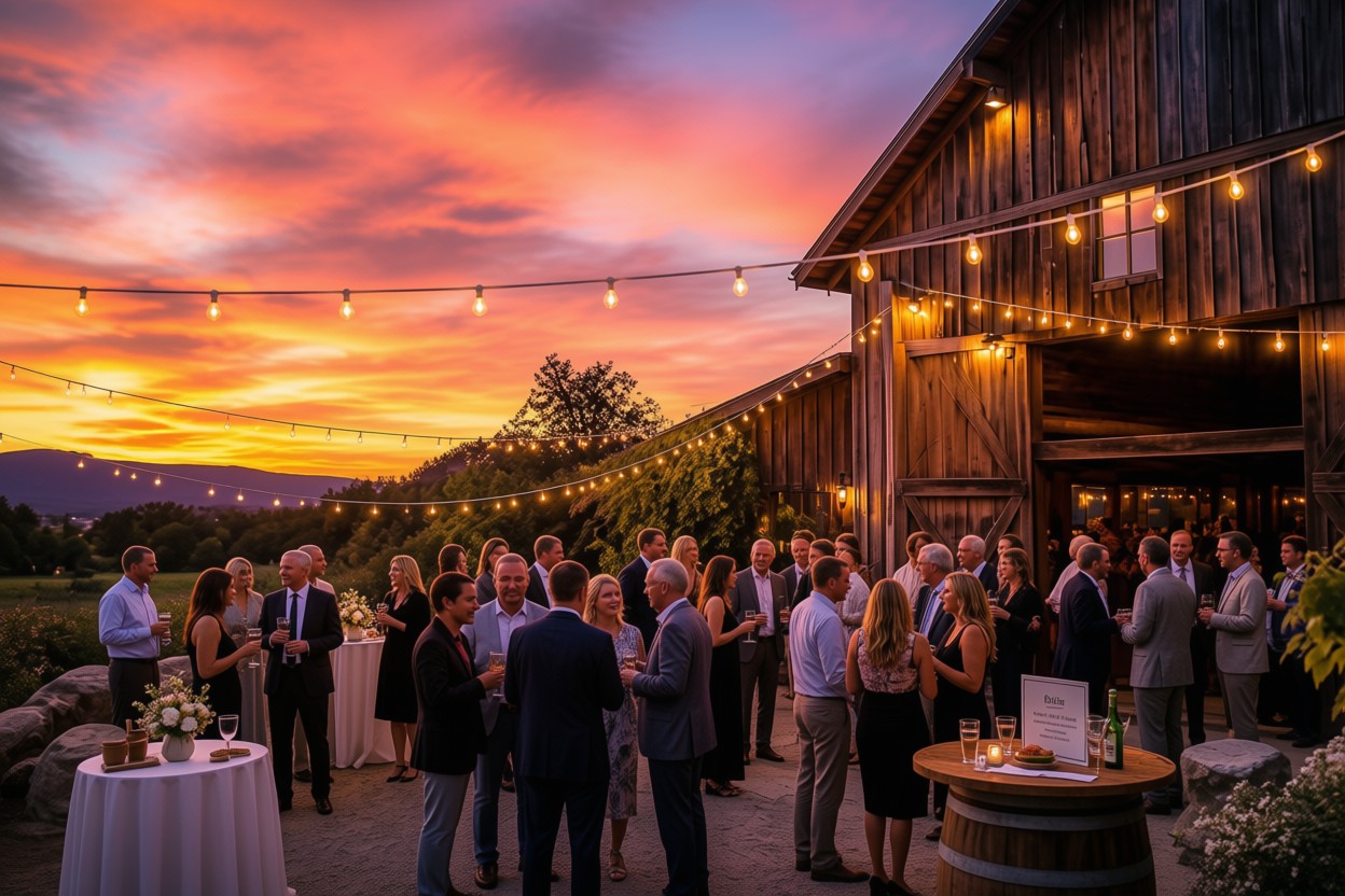 Gather & Celebrate Guests gathered outside a rustic barn decorated with string lights beneath a colorful sunset.