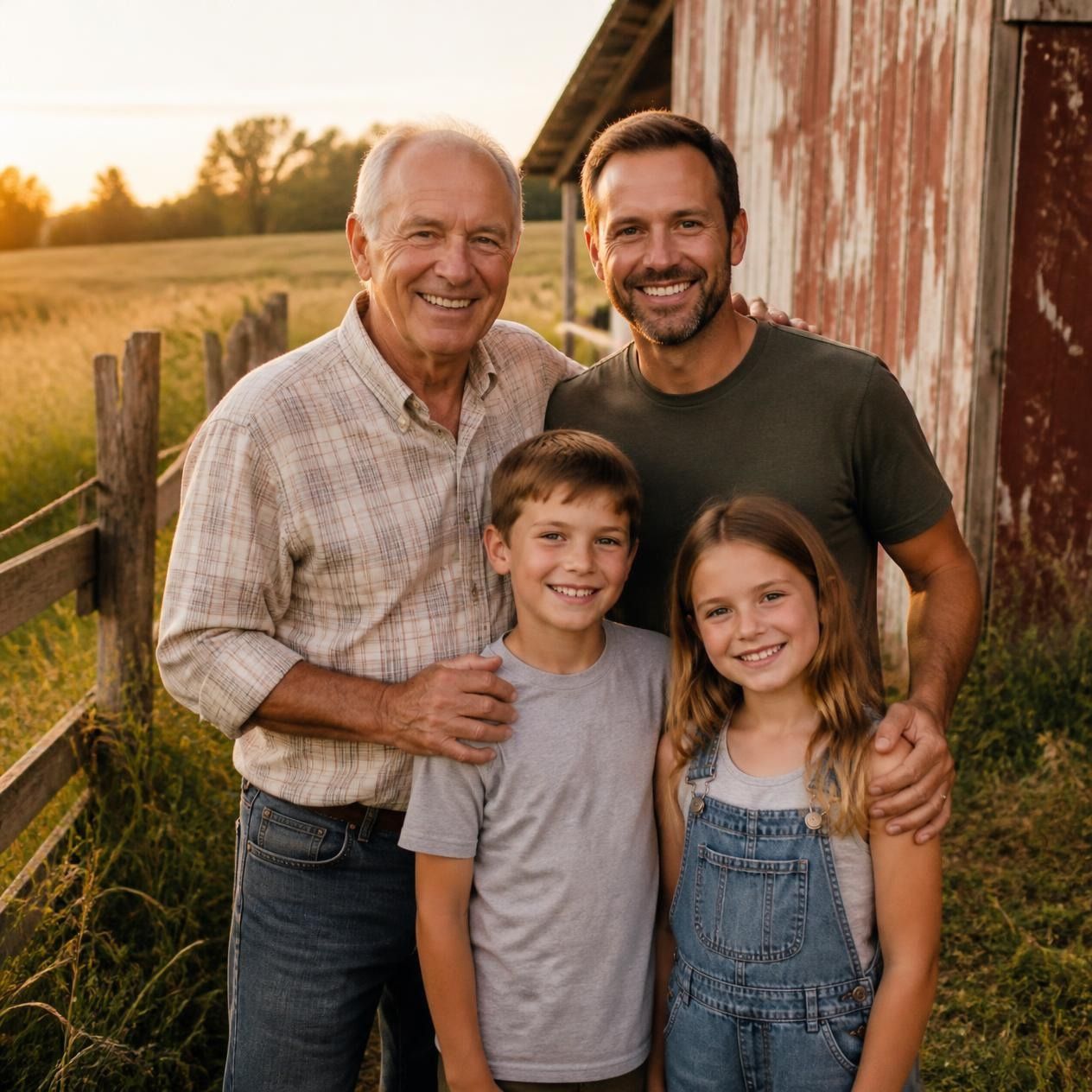 A grandfather, father, and two children smile together beside a rustic red barn and wooden fence in a sunlit rural setting.