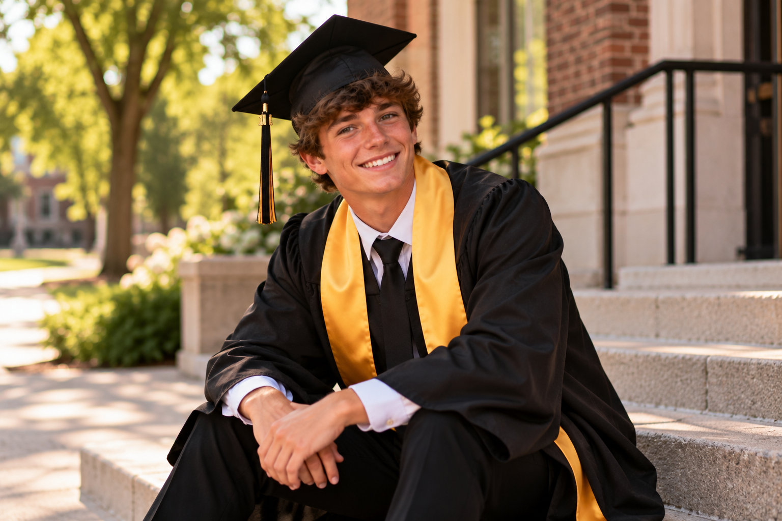 Male high school graduate with curly brown hair wearing a black graduation cap and gown, gold stole, white shirt, and black tie. He smiles while sitting on stone steps outside a brick school building, surrounded by greenery and warm natural sunlight.