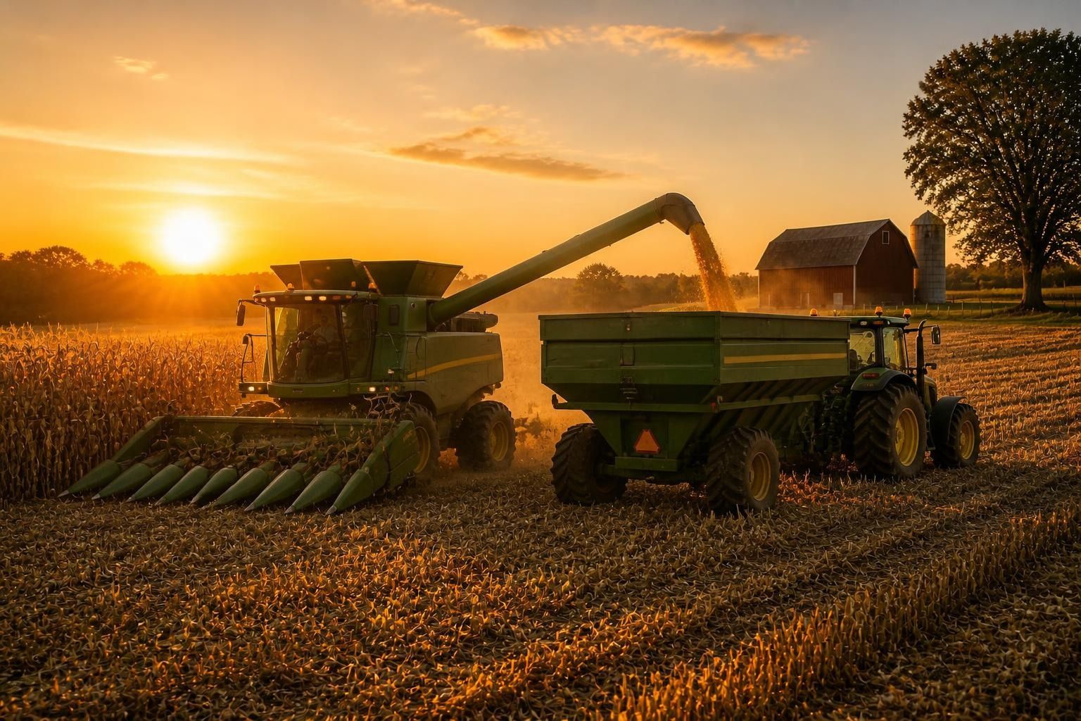 A combine harvester gathers corn in a field at sunset while unloading golden grain into a tractor-pulled grain cart driving alongside it. Warm sunlight, drifting dust, harvested rows, and rolling farmland fill the rural scene.