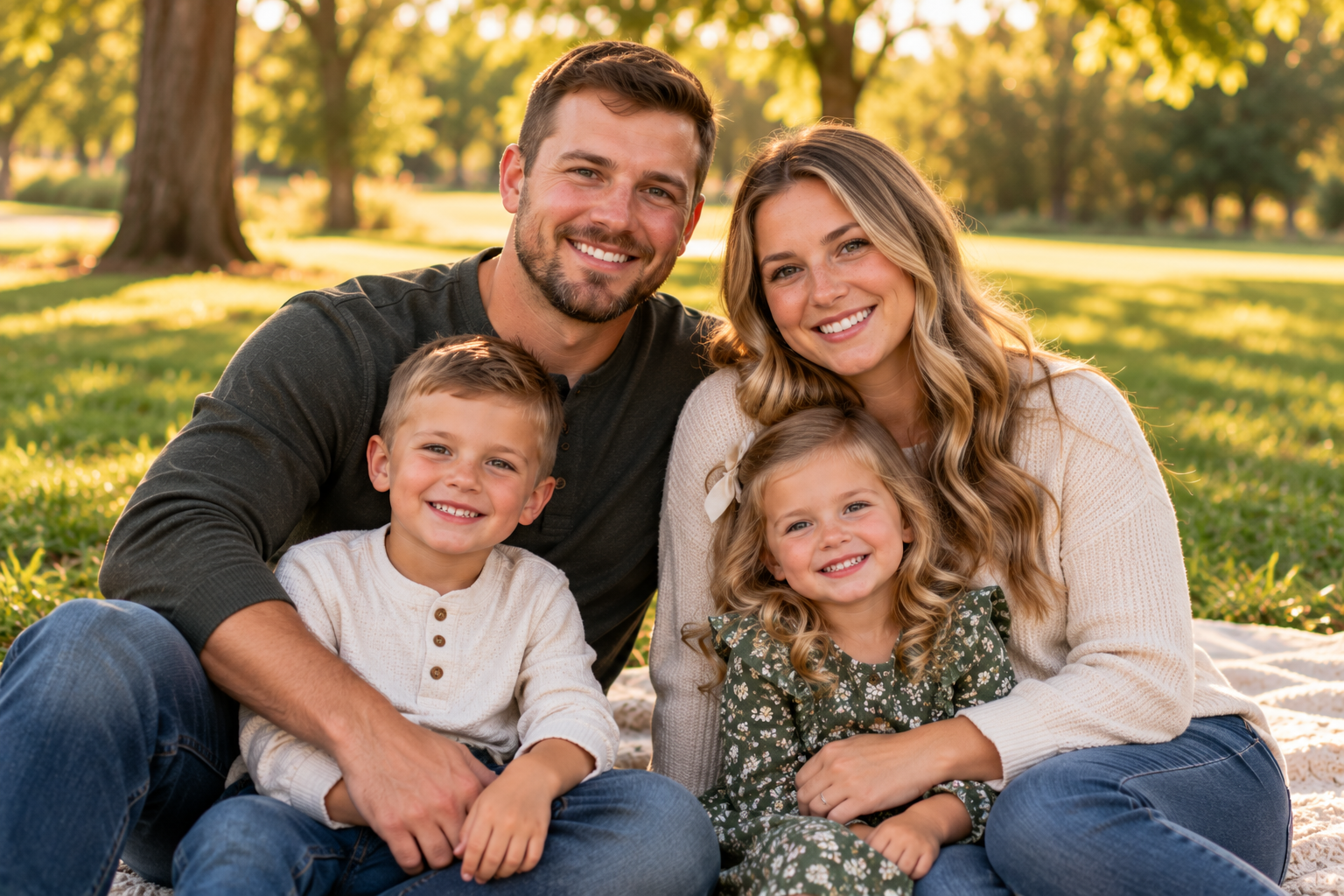Smiling family of four sitting together on a cream-colored blanket in a sunlit park. The father wears a dark green shirt, the mother a cream sweater, their young son a white button-up shirt, and their daughter a green floral dress. Soft greenery and warm sunlight fill the background.