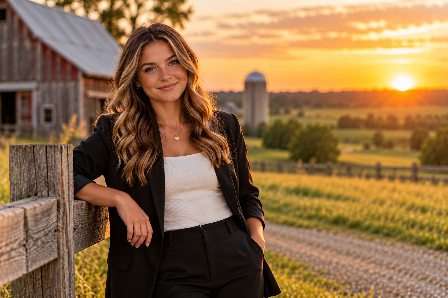 Professional woman with long, wavy brown hair wearing a black blazer, white top, and black trousers, leaning against a rustic wooden fence. A barn, silo, and rolling farmland are visible behind her in the warm golden-hour sunset.