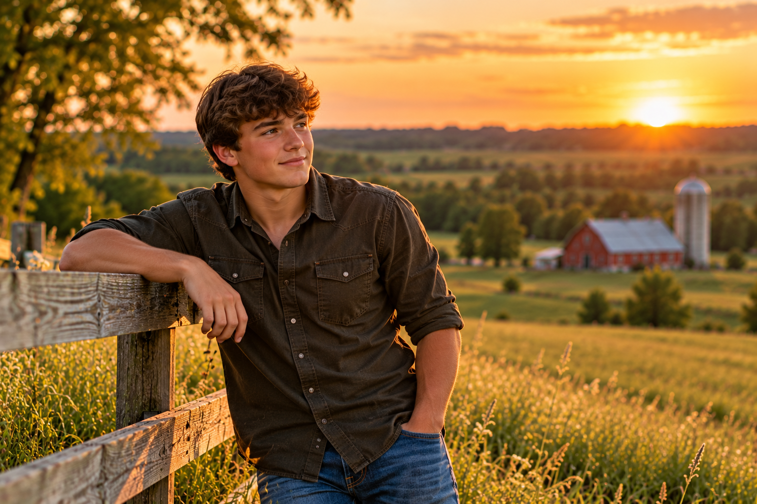 Young man with curly brown hair wearing a dark button-up shirt and blue jeans, leaning against a rustic wooden fence with a red barn, silo, and farmland in the background during golden hour.