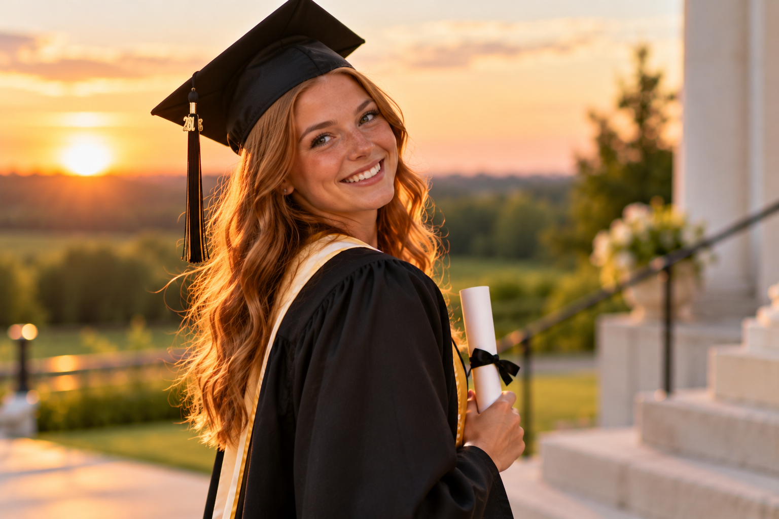 High school graduate with long, wavy auburn hair and freckles, wearing a black graduation cap and gown with a cream-and-gold stole. She smiles at the camera while holding a rolled diploma tied with a black ribbon, with a warm sunset and softly blurred greenery in the background.