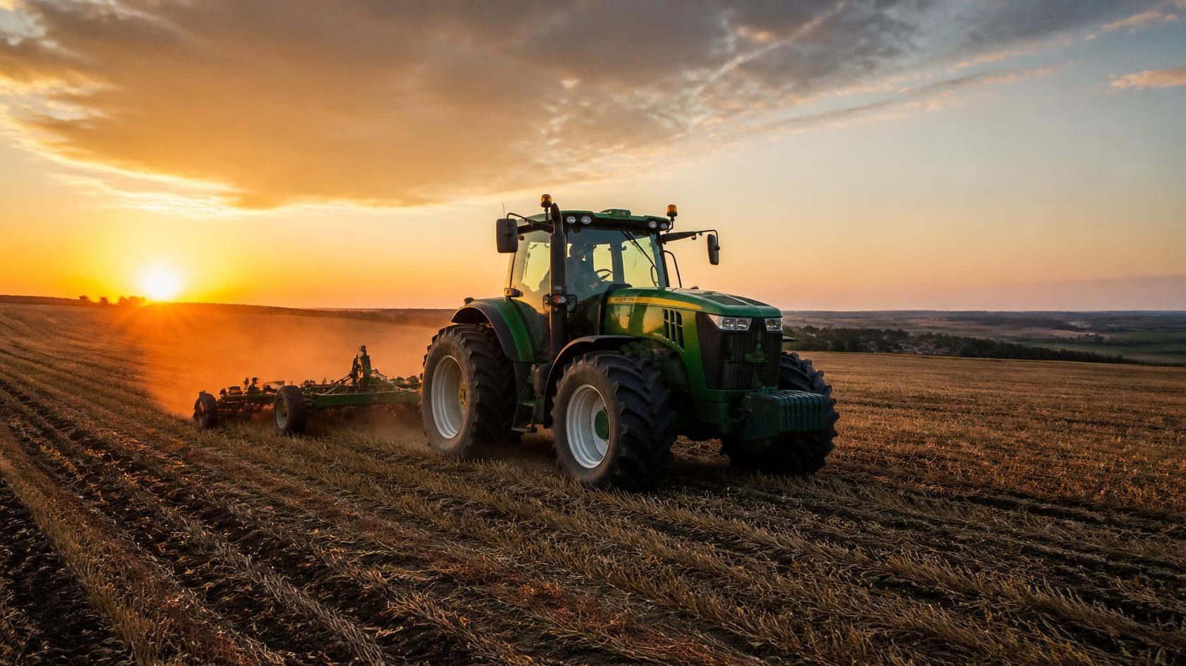 Golden Hour Harvest Green tractor working in a harvested farm field during a golden sunset.