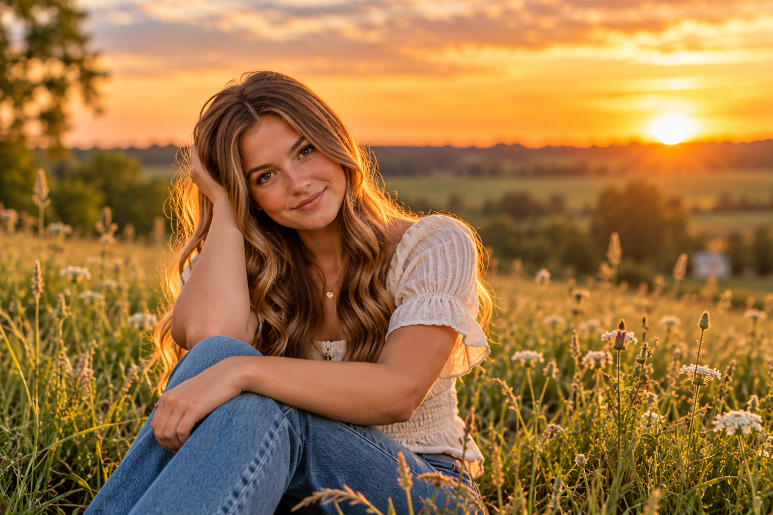 Young woman with long, wavy brown hair wearing a cream blouse and blue jeans, sitting among wildflowers in a rural field with warm golden sunset light behind her.