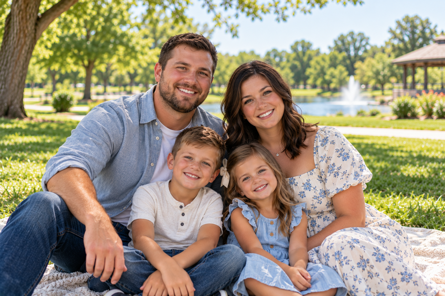 Smiling family of four sitting together on a cream-colored blanket in a sunny park. The father wears a light blue button-up shirt, the mother a white dress with blue flowers, their son a cream-colored shirt, and their daughter a light blue dress. A pond with a fountain, green trees, and a gazebo are visible in the background.