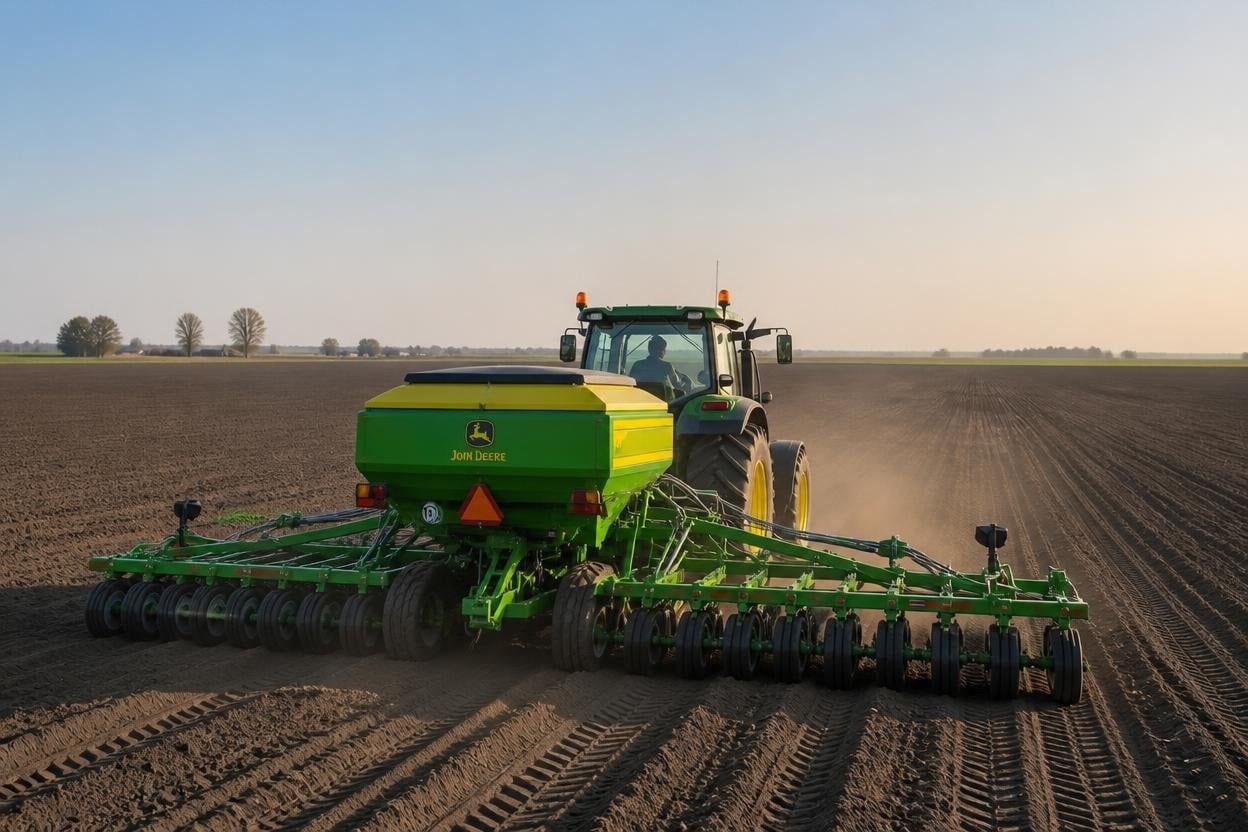 Rear view of a blue tractor pulling a large green-and-yellow John Deere planter across a wide-open, freshly tilled field. The planter’s multiple row units and wheels are visible in the foreground, with dark soil furrows, tire tracks, light dust, and a flat horizon under soft spring daylight.
