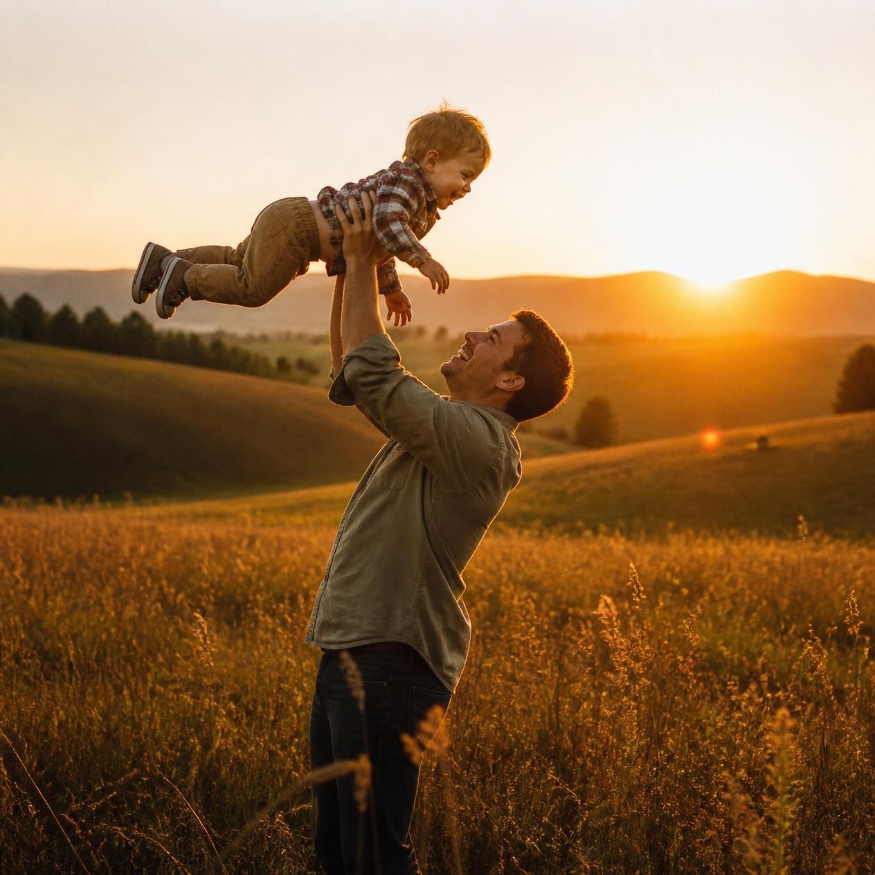 Pure Joy Father lifting his young child into the air in a rural field at sunset.