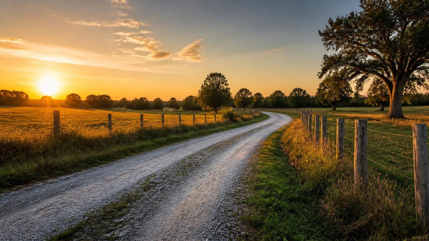 Gravel country road winding past fenced farmland and trees at sunset.