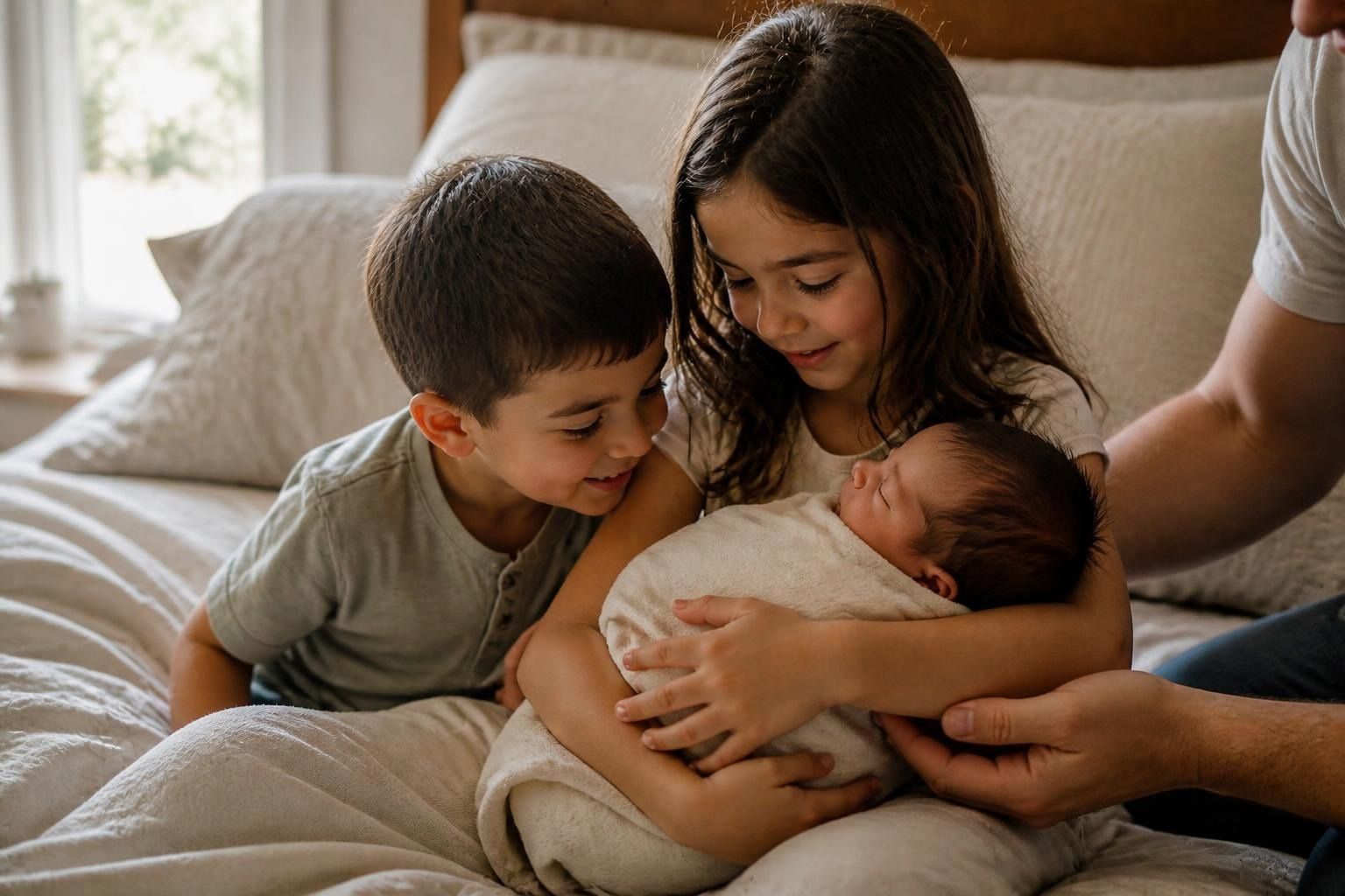Two siblings cuddle close to their newborn baby sibling on a soft bed while a parent offers support. Natural window light fills the cozy bedroom.