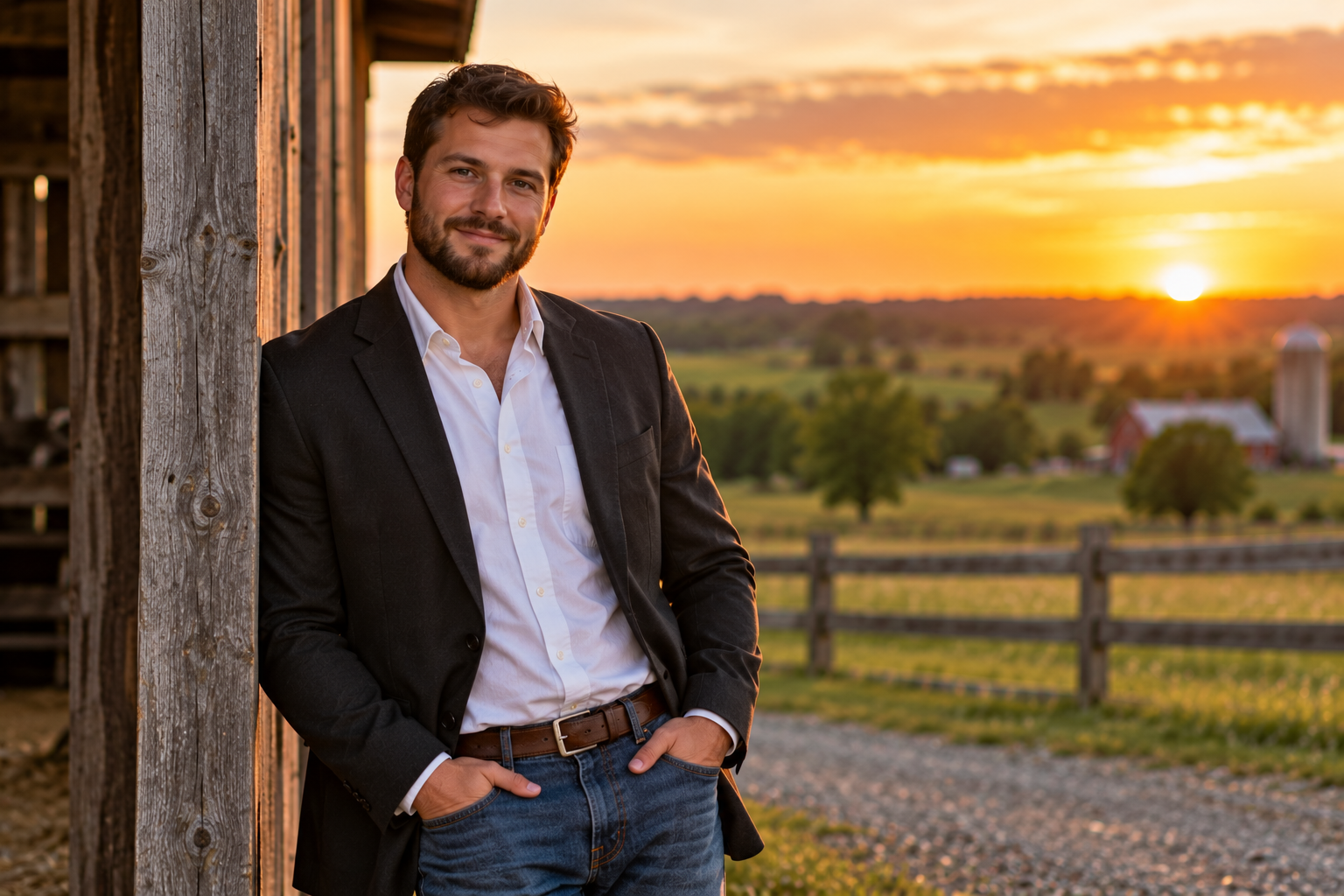 Bearded businessman wearing a charcoal blazer, white button-up shirt, and blue jeans, leaning against a rustic wooden barn with his hands in his pockets. A rural landscape and golden sunset fill the background.