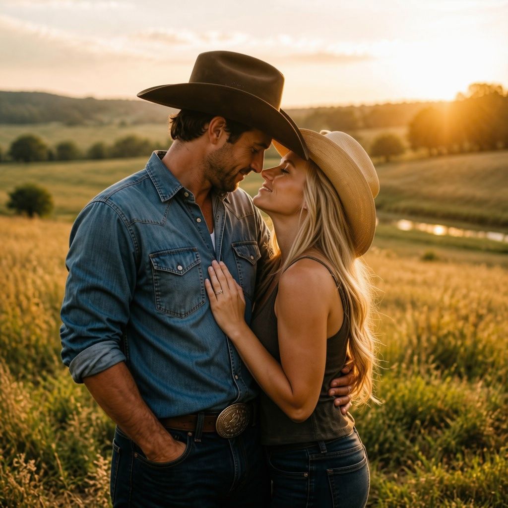 Sunset Together Country couple wearing cowboy hats sharing a close moment in warm sunset light.