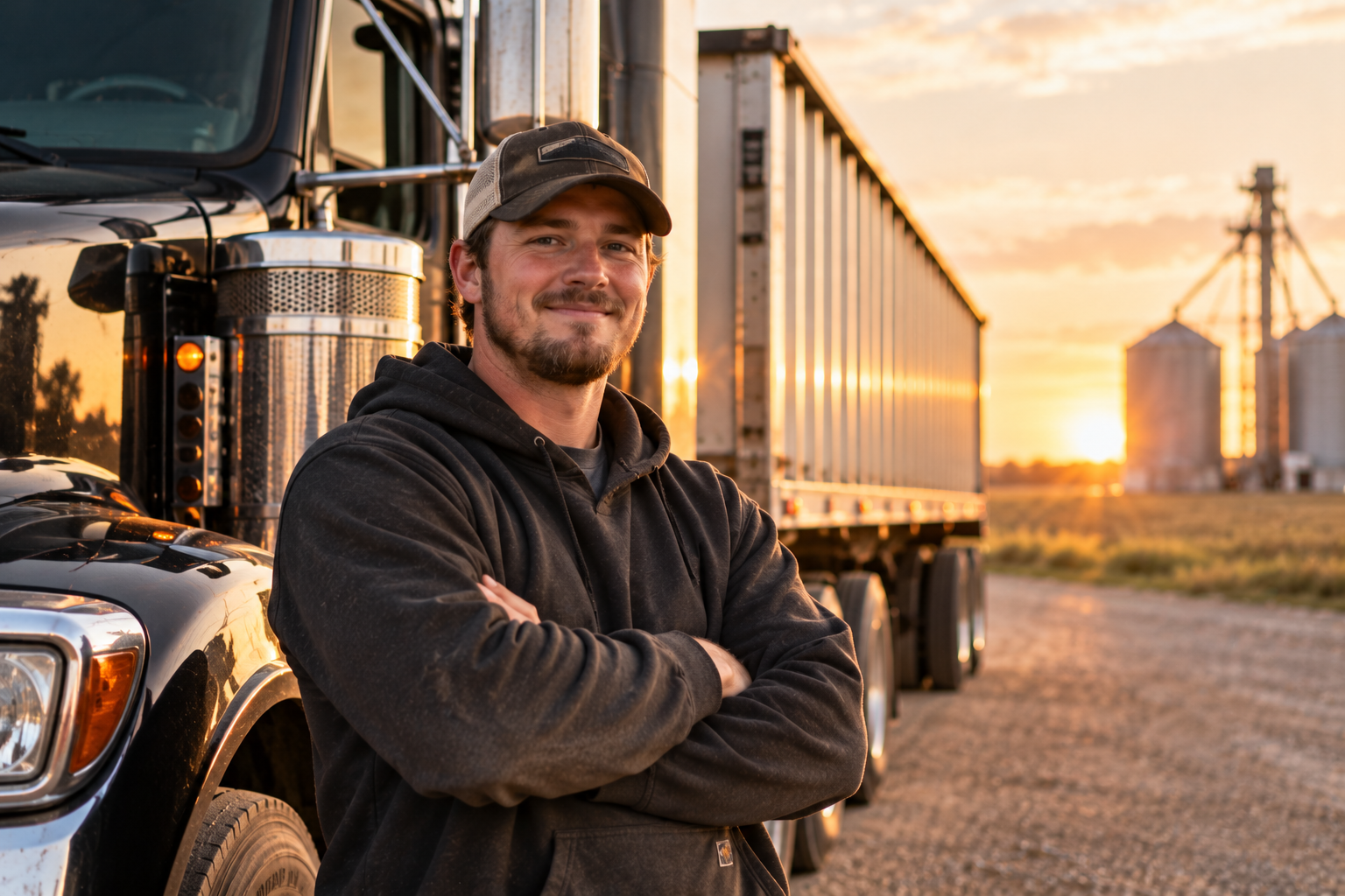 Smiling male truck driver with a short beard wearing a dark baseball cap and charcoal hoodie, standing with his arms crossed beside a black semi-truck and silver grain trailer. Grain silos and agricultural facilities are visible in the background during a warm golden-hour sunset.