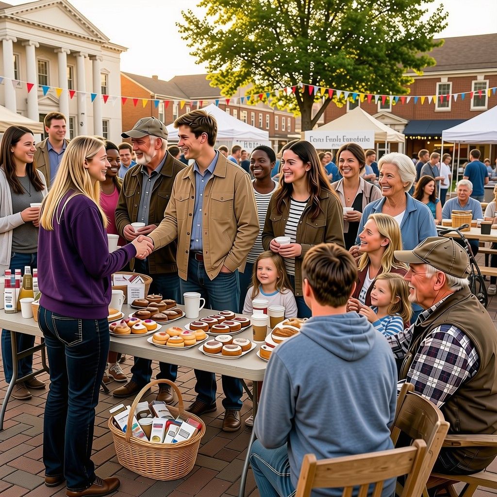 Town-Square Community Fundraiser A diverse group of community members gathers at an outdoor town-square fundraiser on a sunny afternoon. People of different ages, backgrounds, and abilities visit tables filled with baked goods, raffle baskets, and donated items, with vendor booths, bunting, trees, and civic buildings in the background.