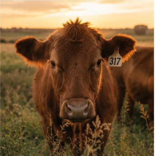 cattle in rural field Brown cow standing in a grassy pasture during warm golden-hour light.