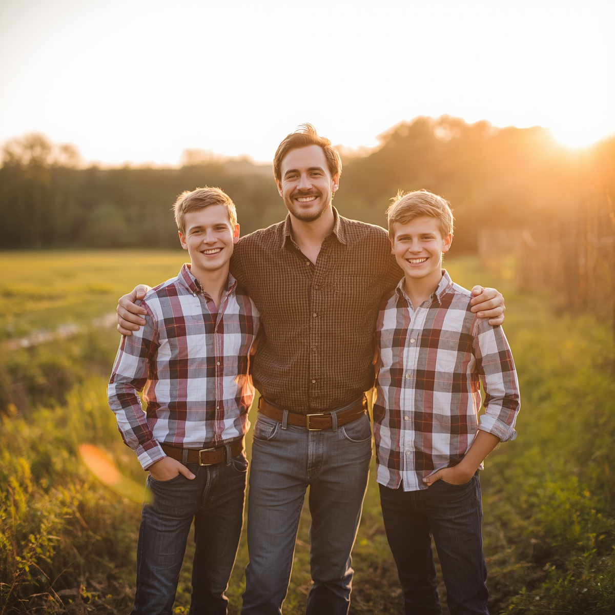Alt text: A father stands between his two smiling sons in a sunlit rural field, with his arms around them as the sun sets behind the trees.